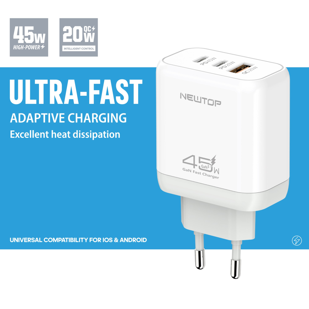 NEWTOP CM74 CARICATORE DA MURO USB-A + 2C 45W