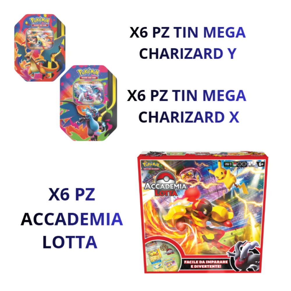 BUNDLE Pokemon -  Tin Mega Charizard Y e X (X12PZ) + Accademia Lotta - Serie 3 (X6PZ)