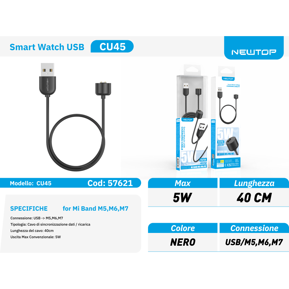 NEWTOP CU45 CAVO RICARICA PER SMARTWATCH XIAOMI MI BAND M5/M6/M7