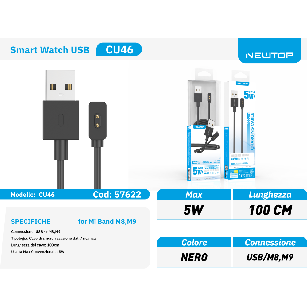 NEWTOP CU46 CAVO RICARICA PER SMARTWATCH XIAOMI MI BAND M8/M9