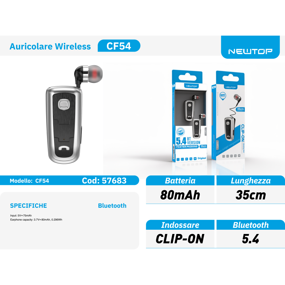 NEWTOP CF54 AURICOLARE RETRATTILE CON CLIP WIRELESS PER SMARTPHONE