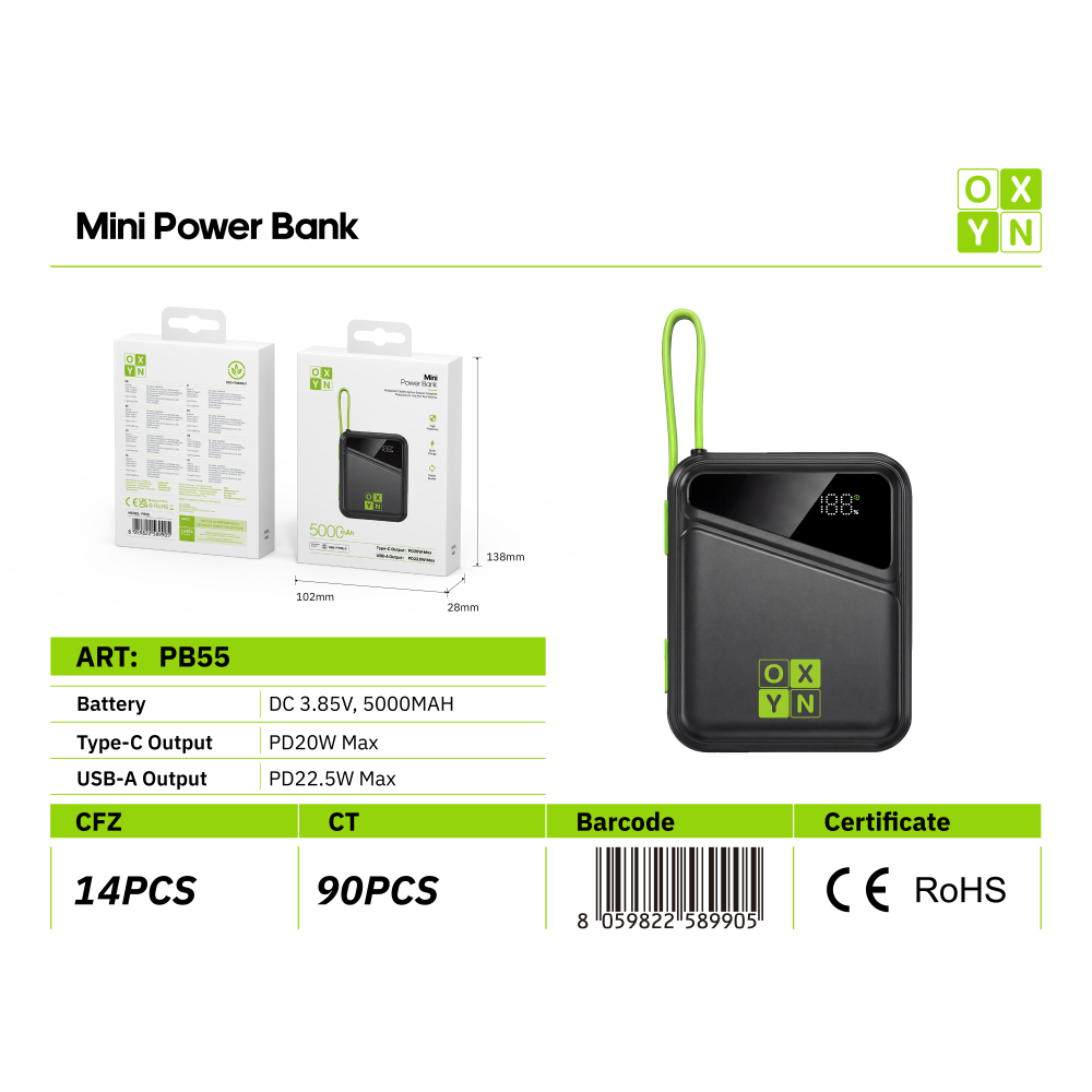 OXYN PB55 POWER BANK 5V/3A 5000MAH NERO