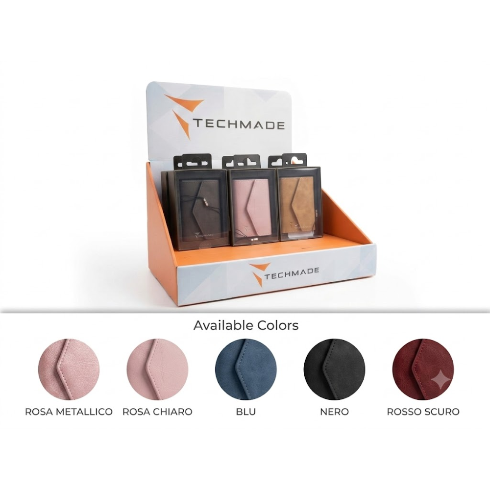 TECHMADE BUNDLE 12PZ - TECHMADE SMART WALLET PORTACARTE VARI COLORI - CON ESPOSITORE DA BANCO