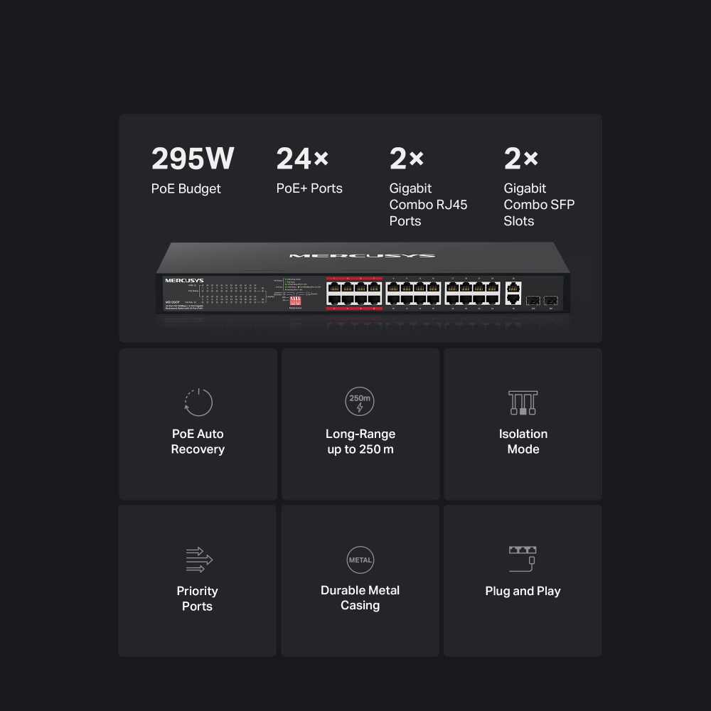 MERCUSYS Switch rack da 24 porte 10/100Mbps PoE+ e 2 porte Gigabit
