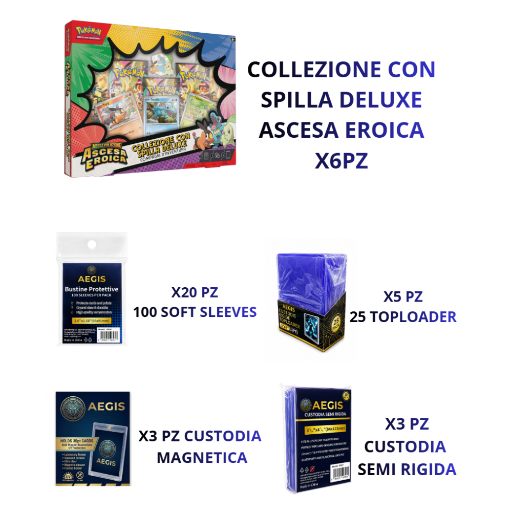 BUNDLE BUNDLE Pokémon - Collezione Deluxe Ascesa Eroica X6 + MIX AEGIS PROTEZIONE CARTE 