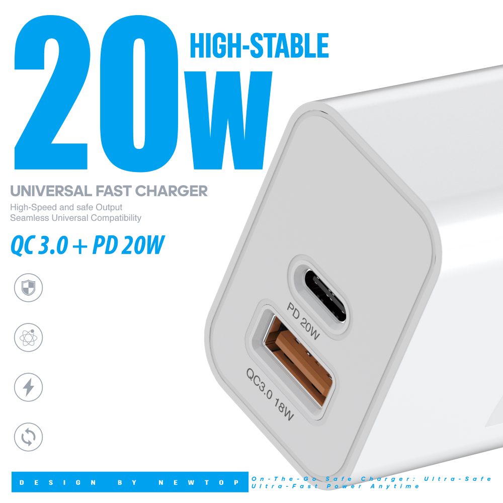 NEWTOP CM78 CARICATORE DA MURO QC 3.0 + PD 20W CON CAVO TYPE-C/TYPE-C